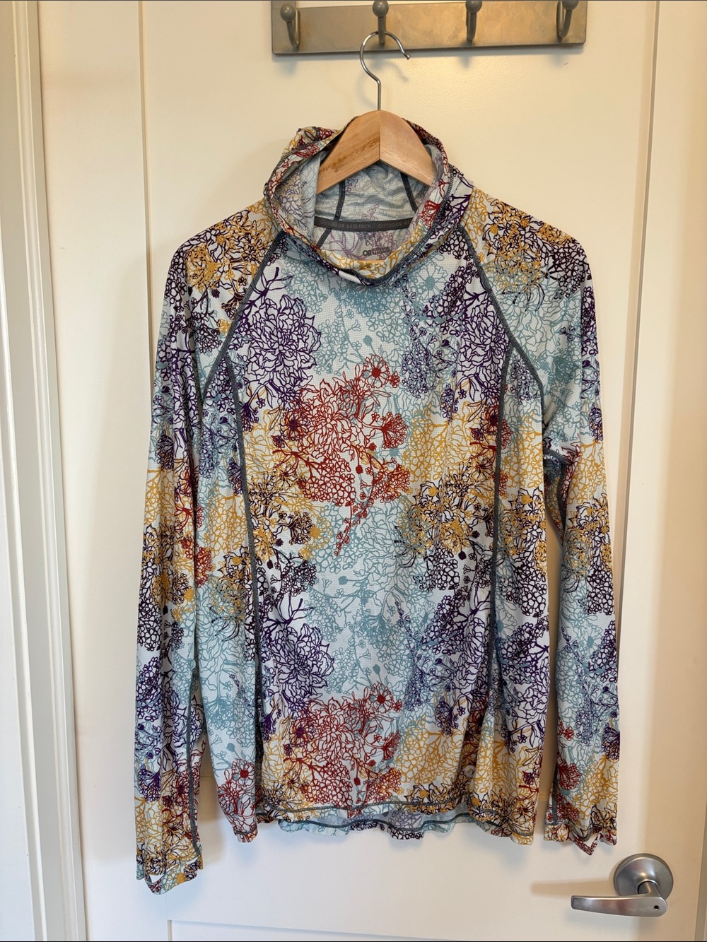 Outdoor Research Floral Long-Sleeve Hoodie Top in Light Blue, Purple, Gold